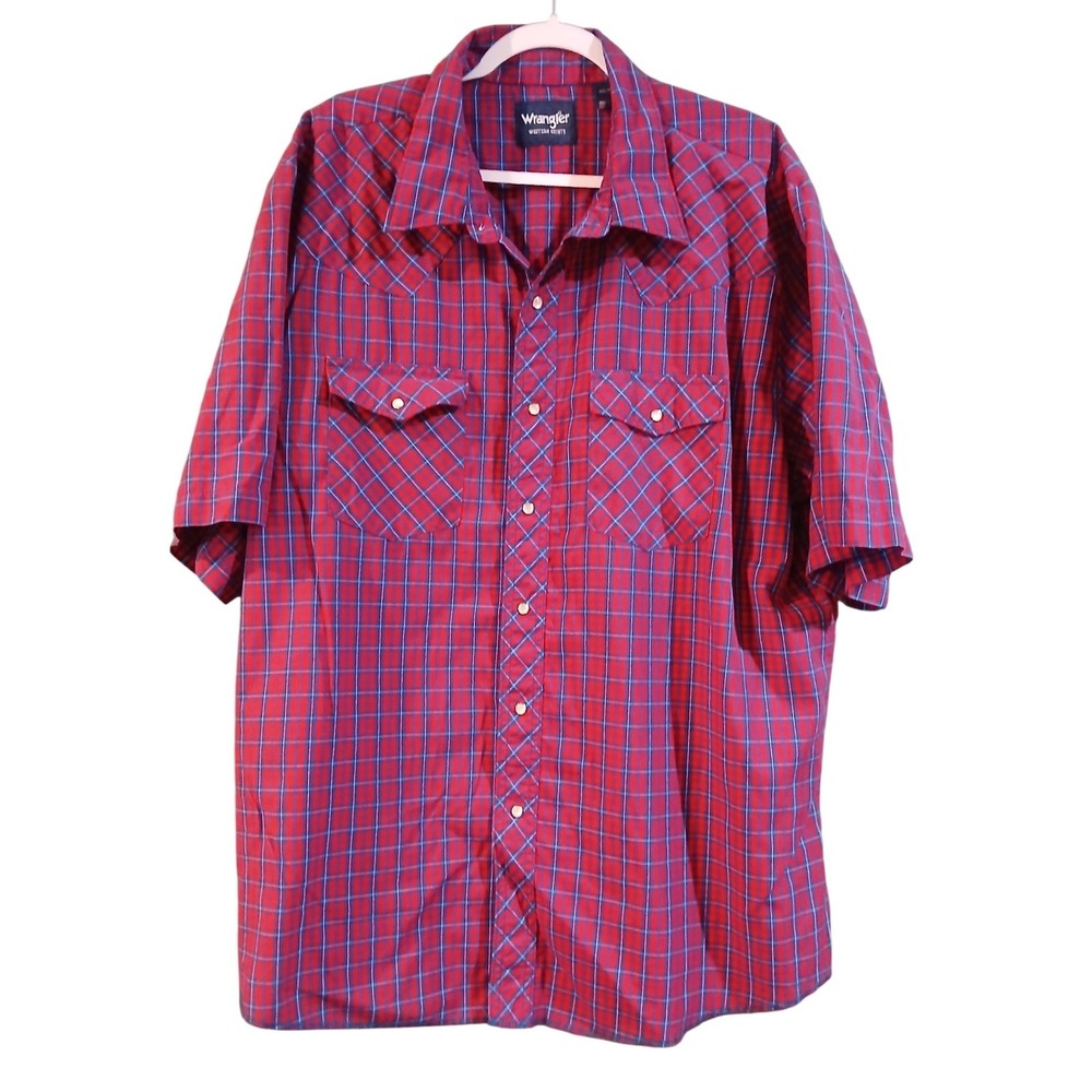 Wrangler Western Shirt Mens XXL Red Blue Plaid Pearl Snap Short Sleeve Big